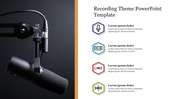 Black microphone with a boom arm on a dark background, alongside recording-themed icons and text placeholders.