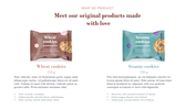 Product display of wheat and sesame cookies in labeled packages with descriptions, weights, and checklists below.