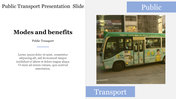 Public transport presentation slide featuring a green bus image on the right, with blue accents, and text on the left.