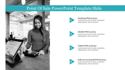 Image of a POS transaction being made by a woman, with options for  system types displayed on the right.