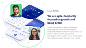 Finance PowerPoint slide featuring an agile firm focused on growth, with a financial app interface and client profiles.