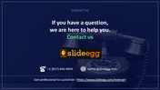 Contact slide with blue background, telephone image, SlideEgg logo, and contact details including phone, email, and website.