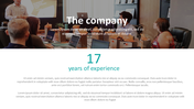 Slide featuring a professional team discussion image and a large number 17 emphasizing company experience.