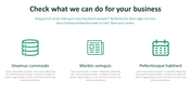 A slide with a bold header and three-column layout highlighting business offerings with green line icons.