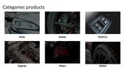 A visual representation of car product categories, featuring images from vehicle body to wheels.