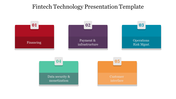 Horizontal layout featuring five colorful boxes with bold numbers on top, covering aspects of fintech technology.