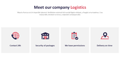 Logistics company slide with four icons in red and blue, arranged horizontally in a squar blocks, on a white background.