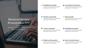 Business review slide with a laptop background on the left and a list of eight goals with colorful bullet icons on the right.