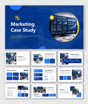 Marketing case study slides with campaign analysis, audience insights, strategy channels, and business growth results.