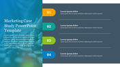 Marketing case study slide with four numbered sections in yellow, teal, green, and blue, and text blocks on a blue backdrop.