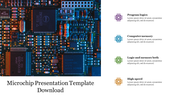 Detailed microchip circuit board in blue and orange gradient, paired with four colored icons with text on the right.