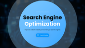 SEO presentation with blue circle design, analytics charts, keyword data, and content strategy visuals.