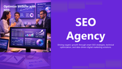 SEO agency presentation covering keyword research, technical optimization, content strategy, and performance tracking.