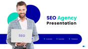 GEt this SEO Agency Presentation cover with professional man, laptop, blue green circles, title text layout.