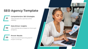 SEO agency slide showing three core services with numbered icons alongside a business professional analyzing data charts.