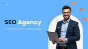 The SEO Agency template showing expert with laptop, blue layout, service list, pricing plans, and analytics charts.