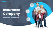 Insurance Company PowerPoint Template with blue theme, family image, circular shapes, icons and clean slide layouts.