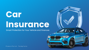 Car Insurance presentation with blue theme, car and shield visuals, icons, charts, and clear layouts for easy understanding.