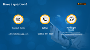Contact information slide with a blue background, featuring three icons: an envelope, a phone, and a pencil with an eraser.