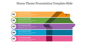 House slide with five numbered sections in colors orange, green, purple, blue, pink, each with placeholder text below.
