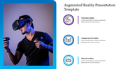 Augmented reality-themed template featuring a photo of a person engaged in VR gaming and three icons with caption areas.