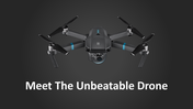 Slide deck front view and features of a black drone with propellers, on a dark background with a promotional message.
