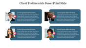Slide with four client testimonials, each in a blue box, featuring photos and text, with a quote symbol in the corner.