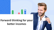 Company slide with smiling man in a suit holding a coffee cup, bar chart in background, and bold headline on white box.