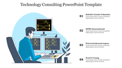 Technology consulting PowerPoint template with a professional at multiple screens showcasing programming code.