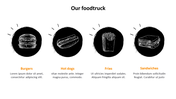 Four circular black icons featuring chalk drawings of a burger, hot dog, fries, and sandwich with orange captions below.