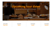 Variety of street food dishes on a counter with tour dates listed below, highlighted in orange, against a blurred background.