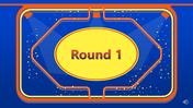Bright and colorful round 1 graphic with yellow background, highlighted by orange borders and spotlights.