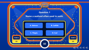 A blue family feud style question screen asking name a seafood often used in sushi, with four multiple choice options.