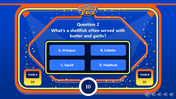 Family Feud style question screen with multiple choice answers displayed below on a blue backdrop.
