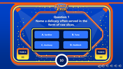 Blue family feud question screen displaying options for a seafood delicacy served raw in an orange border.