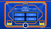 Blue family feud question screen slide displaying options for a seafood delicacy served raw in an orange border.