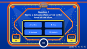 Blue themed family feud game screen displaying a question about a delicacy often served raw with 4 multiple choice options.