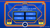 Blue themed family feud game screen displaying a question about a delicacy often served raw with multiple choice options.