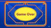 Family Feud game over screen with the words game over in bold text on a blue backdrop.