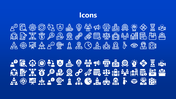 A collection of various business and process icons, all in white on a blue background.