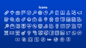 Collection of various icons including symbols for business, social media, and technology in white outline on blue background.