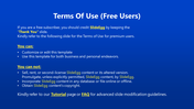 A slide detailing the terms for free users of SlideEgg, including the permission to customize templates in a blue theme.