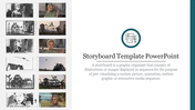 Slide with a sequence of storyboard frames in black and white sketches on the left and a description on the right.