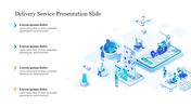 Delivery service slide with four text sections and isometric illustrations of tracking, packing, and scooter delivery.