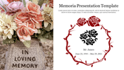 Memorial slide with pink flowers on the left and a red red floral wreath design surrounding text on the right.
