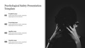 Psychological Safety slide with four zones accompanied by a black and white photo of a stressed individual with text area.