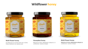Product slide showing three types of honey jars in a row with unique label names and placeholder descriptions underneath.