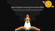Rocket launch emerging from an orange open book, set against a night sky with planet icon, for digital learning concept.