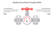 Pipeline PowerPoint template showing progress percentages and a pipeline graphic with a valve and placeholder text.