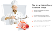 Ice cream shop welcome slide with a chef in uniform and a scoop of ice cream with syrup and strawberries.